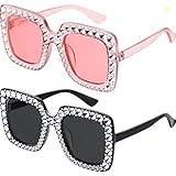 Frienda Oversize Square Sparkling SunglRetro Thick Frame Sungl(Clear Pink, Black, 2 Pieces)