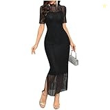GORGLITTER Women's Sheer Lace Bodycon Split Midi Dress Mock Neck Short Sleeve Elegant Dresses Black XL