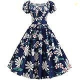 Fankle Women's Dress Ladies Vintage 1950s Floral Print Short Sleeve Swing Dress Retro A-Line High Waist Flare Pleated Prom Party Evening Gown DressDark Blue,M)