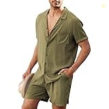 N\C Men's Button Down Top and Shorts Set (Green M) 2 Piece